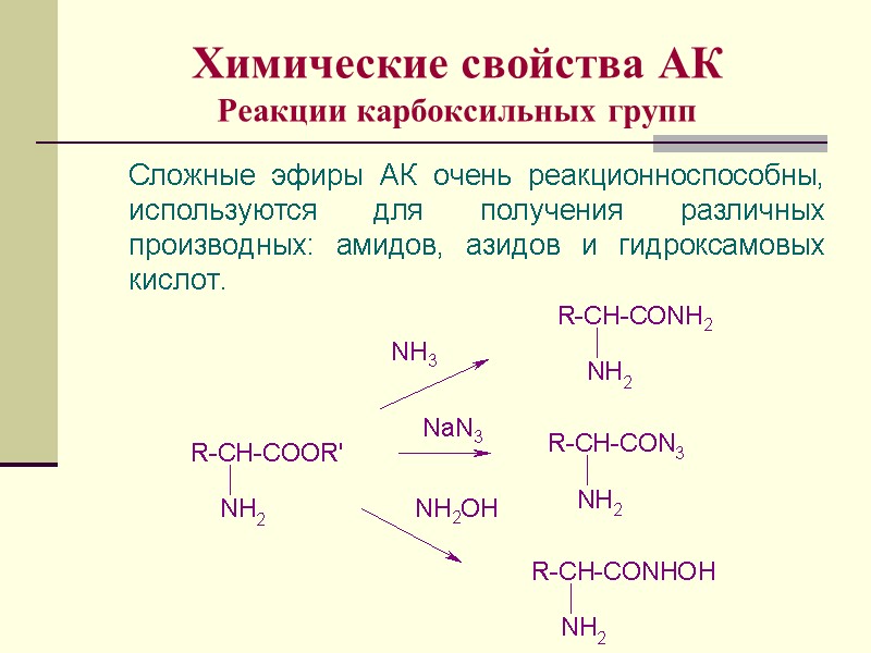 Химические свойства АК Реакции карбоксильных групп     Сложные эфиры АК очень